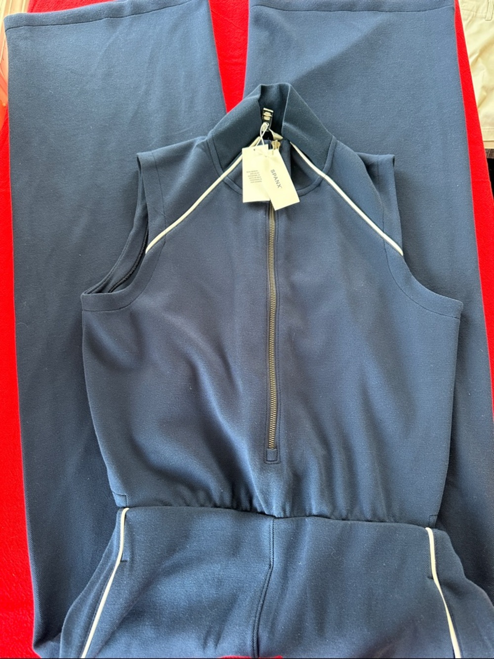 SPANX Navy Sleeveless Jumpsuit with Contrast Piping NWT Size L